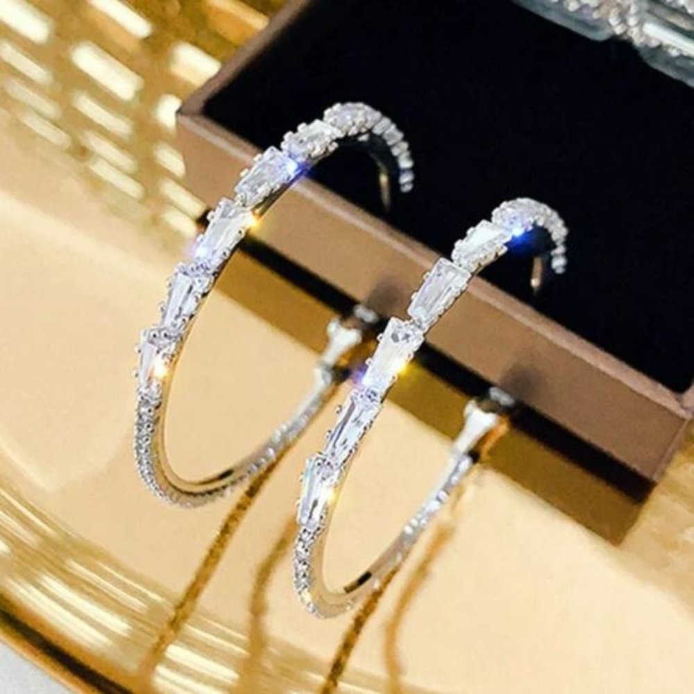 925 Sterling Silver White Sapphire Hoop Earrings - Picture 6 of 6